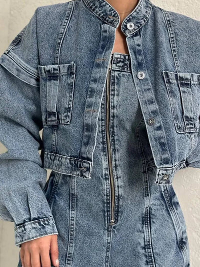 Belinda™ | Chic Denim Zipper Jumpsuit with Matching Jacket Set