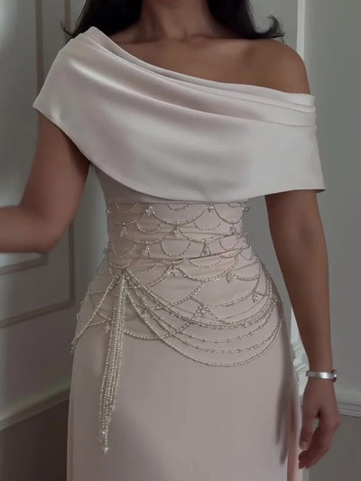 Crystal™ | Off-Shoulder Pearl Beaded Gown