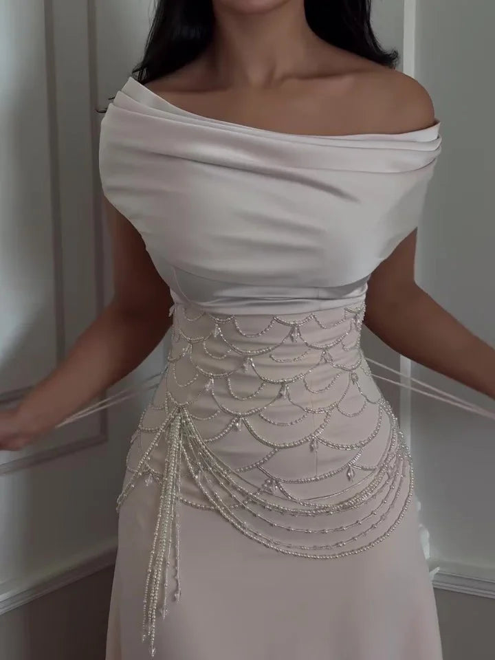 Crystal™ | Off-Shoulder Pearl Beaded Gown