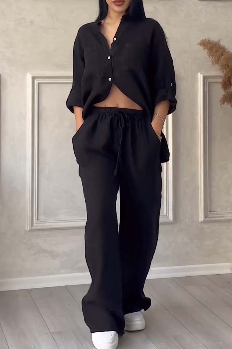 Violeta™ | Long Sleeve Loose Blouse with Wide Leg Pants Set
