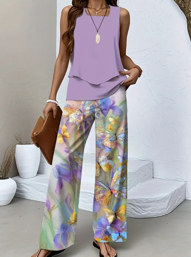 Alexis™ | Square Collar Top With Wide Leg Pants Set
